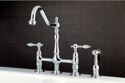 Kingston Brass KS1272TALBS Two-Handle 4-Hole Deck Mount Bridge Kitchen Faucet with Brass Sprayer in Polished Brass