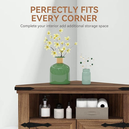 GarveeHome Corner Bathroom Cabinet, Small Corner Cabinet with Barn Doors & Adjustable Shelf, Farmhouse Bathroom Table with Storage for Small Spaces, Kitchen, Living Room, Brown