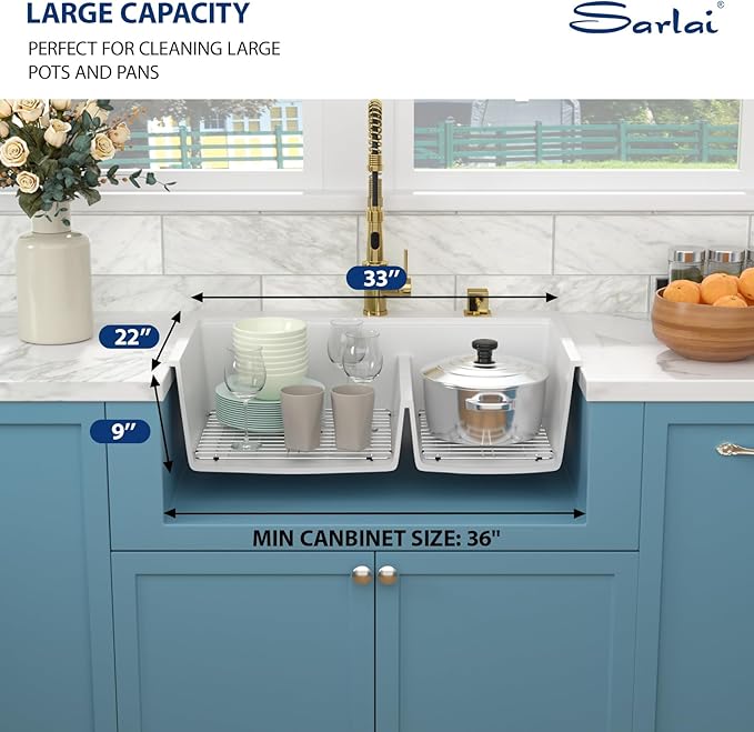 Sarlai 33 Granite Composite Kitchen Sink Double Bowl - 33"x22" White Granite Kitchen Sink Drop In Ledge Workstation Double Bowl 60/40 Low Divided Quartz Composite Above Counter with Gold Accessories