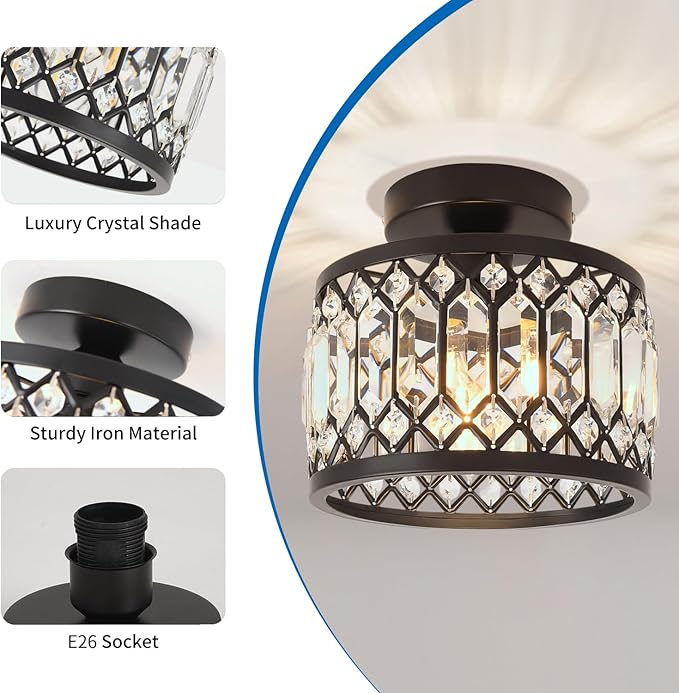 ANWIO Crystal Black Ceiling Light Fixture, Modern Semi Flush Mount Ceiling Light, Small Crystal Chandelier for Kitchen Bedroom Bathroom Entryway, 8inch