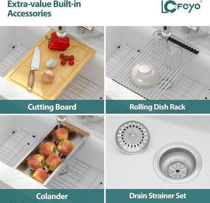 28x19 Inch Undermount Kitchen Sink, White Granite Composite Quartz, Single Bowl Deep Workstation Basin for Soaking Washing Drying Stacking Dishes