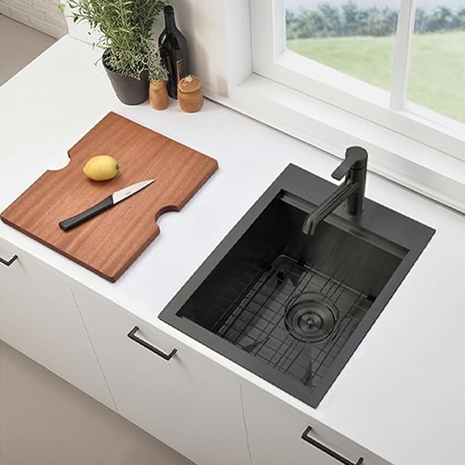 VC CUCINE 15x20 Inch Gunmetal Black Drop-in Bar Sink, Single Bowl, 16 Gauge Stainless Steel, Topmount, Modern, Workstation Sink with Accessories