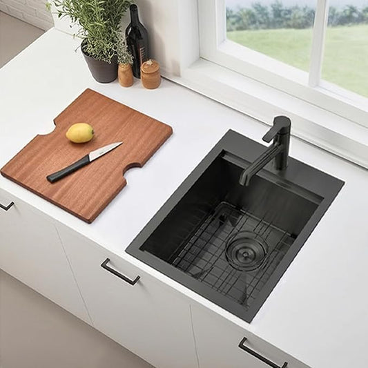 VC CUCINE 15x20 Inch Gunmetal Black Drop-in Bar Sink, Single Bowl, 16 Gauge Stainless Steel, Topmount, Modern, Workstation Sink with Accessories