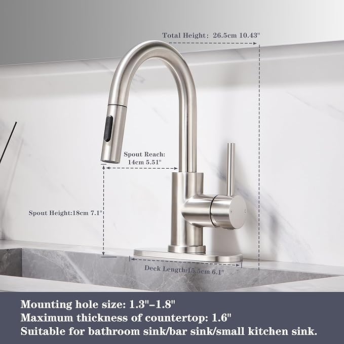 Bathroom Faucet with Pull Down Sprayer, Sink faucets Pull Out Faucet with Pop-Up Drain, 1 or 3 Hole Laundry Bar Basin Faucet with Deck Plate,Brushed Nickel