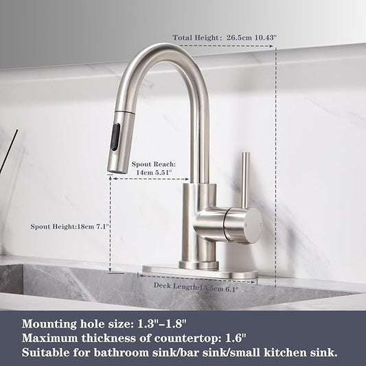 Bathroom Faucet with Pull Down Sprayer, Sink faucets Pull Out Faucet with Pop-Up Drain, 1 or 3 Hole Laundry Bar Basin Faucet with Deck Plate,Brushed Nickel