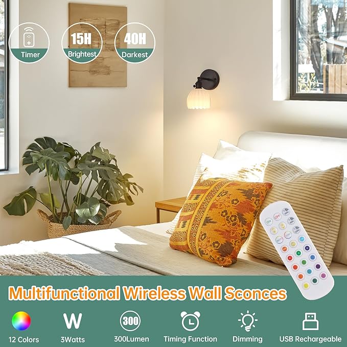 Shenmoyl Vintage Battery Operated Wall Sconce with White Tulip Glass Lampshade Rechargeable Battery Powered Black Wall Light with Remote Control for Bedside Bedroom Doorway