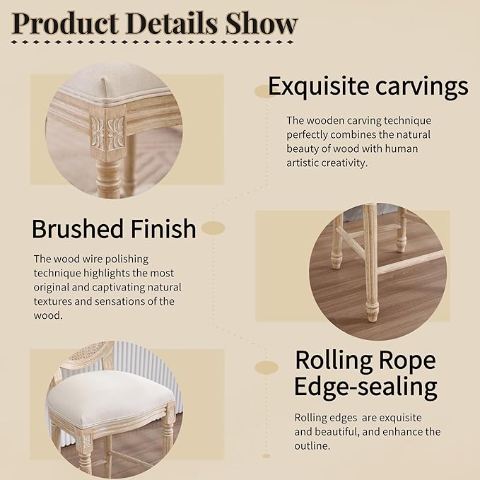 French Country Bar Chairs Set of 2, 30 Inch Upholstered Counter Stools with Natural Rattan Round Back, Solid Wood Frame & Cotton Linen for Kitchen Island, Dining Room, Bistro, Beige