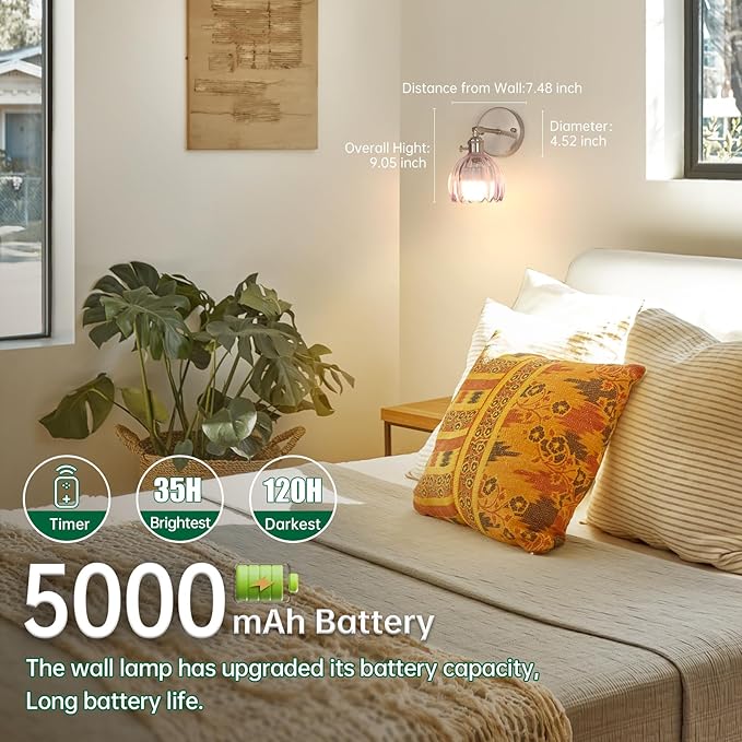 Shenmoyl Vintage Wall Sconce Set of 2 - Rechargeable Battery Powered with Remote Control, Translucent Purple Tulip Glass Shade (5000mAh) for Bedroom/Doorway