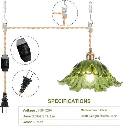 Plug in Pendant Light Fixtures,Hanging Light Fixture Corded On/Off Switch,11 inch E26 Green Glass Lampshade Pendant Lighting for Kitchen Island, Bedroom, Dining Room