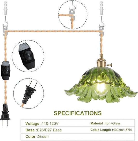 Plug in Pendant Light Fixtures,Hanging Light Fixture Corded On/Off Switch,11 inch E26 Green Glass Lampshade Pendant Lighting for Kitchen Island, Bedroom, Dining Room