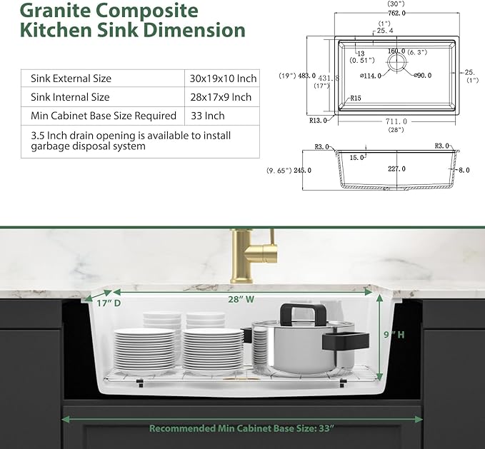 30 Inch Undermount Kitchen Sink White Granite Composite Kitchen Sinks Quartz Workstation Ledge Single Bowl Under Counter Large Deep Classic Sinks 30" x 19" x 10"