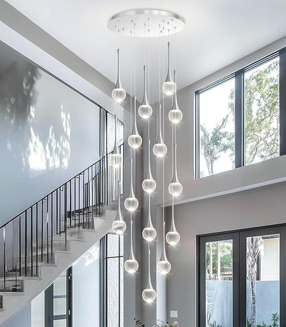 16 Light High Ceiling Crystal Chandelier Dimmable LED Pendant Lights with Remote Adjustable Chandeliers for Foyer Staircase Living Room Sivler
