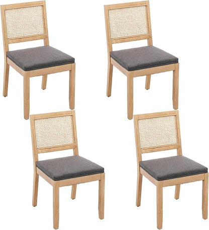 Modern Wooden Dining Chair Set of 4, Farmhouse Kitchen & Dining Room Chair with Solid Wood Legs, Rattan Upholstered Kitchen Chairs for Restaurant/Living Room (Gray, Set of 4)