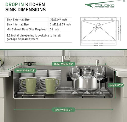 33x22 Drop In Kitchen Sink with Faucet Combo16 Gauge Stainless Steel Single Bowl Kitchen Sink Large Deep Round Corner Handmade Topmount Overmount Basin Kitchen Sinks