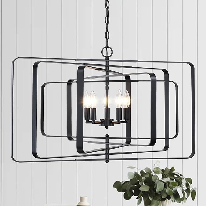 Untrammelife 32" Modern Black Chandelier - 5-Light Adjustable Height Geometric Rectangular Pendant Light Fixture for Dining Room, Living Room, Kitchen Island, Foyer
