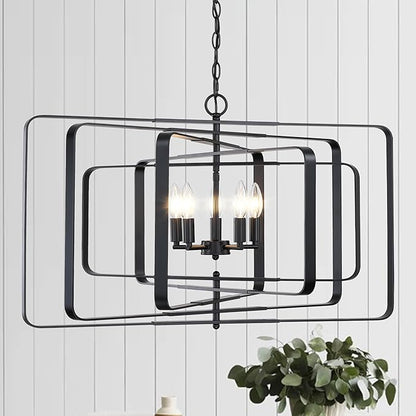 Untrammelife 32" Modern Black Chandelier - 5-Light Adjustable Height Geometric Rectangular Pendant Light Fixture for Dining Room, Living Room, Kitchen Island, Foyer