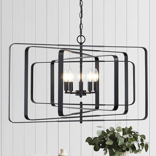 Untrammelife 32" Modern Black Chandelier - 5-Light Adjustable Height Geometric Rectangular Pendant Light Fixture for Dining Room, Living Room, Kitchen Island, Foyer