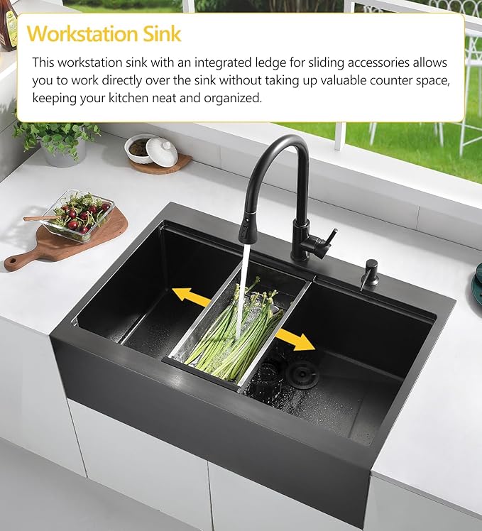 33 Black Drop In Kitchen Farmhouse Sink, Luckyhorse 16 Gauge 33x22 Nano Black Stainless Steel Drop in Topmount Workstation Farmhouse Kitchen Sink with Apron Front LH010SQ