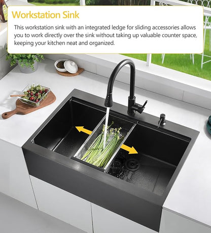 33 Black Drop In Kitchen Farmhouse Sink, Luckyhorse 16 Gauge 33x22 Nano Black Stainless Steel Drop in Topmount Workstation Farmhouse Kitchen Sink with Apron Front LH010SQ