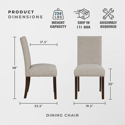 Lexicon Upholstered Dining Chairs Set of 2 - Soft Durable Fabric Armless High Back Kitchen Modern Dining Room Chairs for 2, Nailhead Trim Side, Brushed Brown Sturdy Wooden Frame, Easy Assembly, Taupe