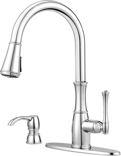 Pfister Wheaton Kitchen Faucet with Pull Down Sprayer and Soap Dispenser, Single Handle, High Arc, Polished Chrome Finish, GT529WH1C
