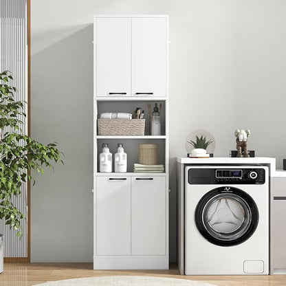 75” Kitchen Pantry Cabinet, Tall Freestanding Kitchen Hutch with 4 Doors, 2 Open Shelves & 4 Anti-Tipping Devices, Bathroom Storage Cabinet for Living Room, Dining Room (White)