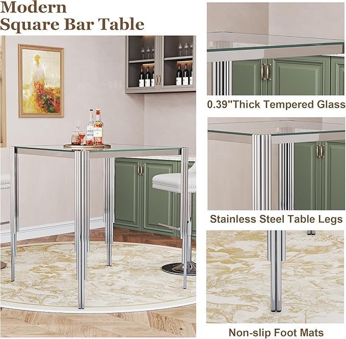 Glass Square Bar Table for 4, 37" Modern High Pub Table with Clear Tempered Glass Top and Polished Silver Stainless Steel Legs, Counter Height Table for Kitchens, Apartments, and Small Spaces