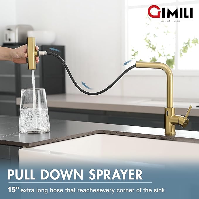GIMILI Gold Touchless Kitchen Faucet with Pull Down Sprayer, 15” Hight Single Hole Handle Kitchen Sink Faucets