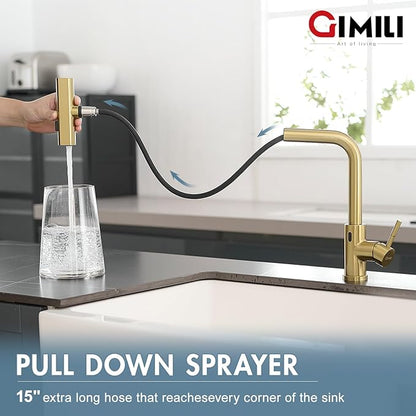 GIMILI Gold Touchless Kitchen Faucet with Pull Down Sprayer, 15” Hight Single Hole Handle Kitchen Sink Faucets