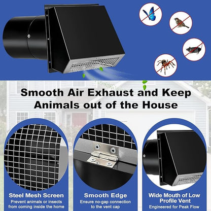 6 Inch Hooded Wall Vent with Screen and Damper, Wall Exhaust Vent Cover, 6 Inch Range Hood Wall Vent Cap, Outdoor Hooded Wall Vent for Dryer Vent, Range Hood, Kitchen, Black