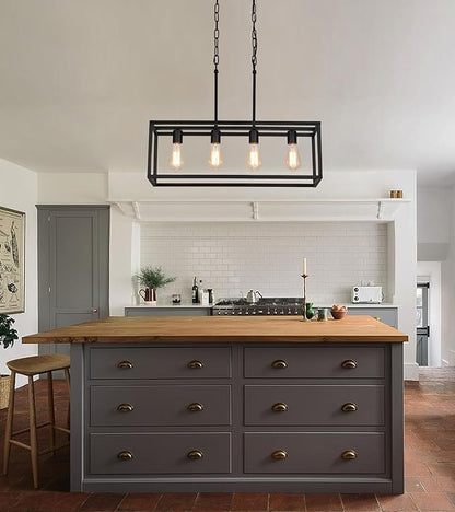 AMZASA Black Rectangle Island Lighting Rectangular Modern Industrial Chandelier 4 Lights Linear Vintage Cage Light Fixtures for Kitchen Dining Room (Height Adjustable)