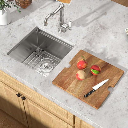 17x17 Undermount Bar Sink - Workstation 16 Gauge 304 Stainless Steel Single Bowl Wet Prep Sink with Cutting Board for Kitchen Bar, RV, and Boat #TLU-0021