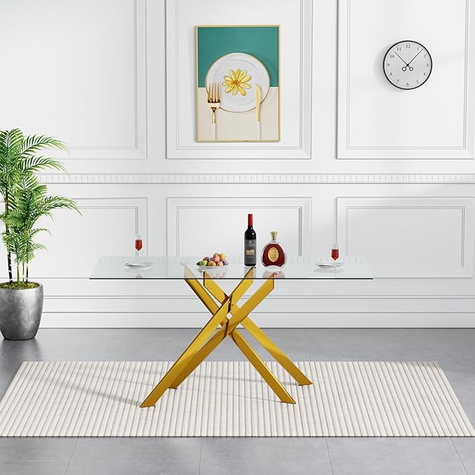 Gold Glass Dining Table for 4 Modern 51.2" Rectangular Kitchen Dining Room Table for 4 with X-Shape Metal Base Large Clear Glass Top Dining Tables for Home Kitchen