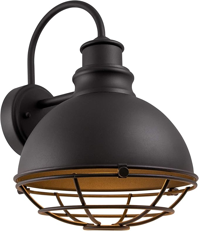 Design House 588442 Ajax Industrial Modern 1-Light Indoor/Outdoor Dimmable Wall Light with Removable Metal Wire Cage Shade for Porch Entryway Patio Garage Kitchen Bedroom, Textured Black