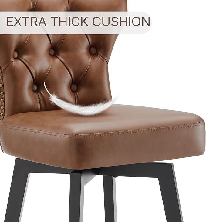 KISLOT Counter Height Barstools 26 inch Upholstered Button Tufted Swivel Bar Stools with Back for Kitchen Island,Set of 2,Brown PU Leather