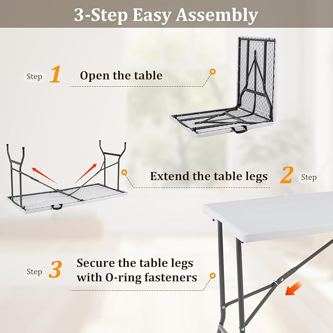 Tangkula 5FT Folding Table, Indoor Outdoor Foldable Plastic Table with HDPE Tabletop, Sturdy Metal Fame, Carrying Handle, 4-6 Person Picnic Table for Camping BBQ Party