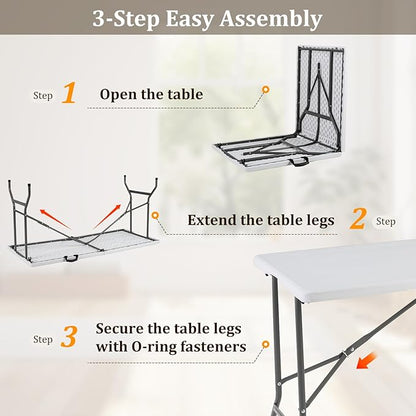 Goplus 5ft Folding Table, Indoor Outdoor Foldable Plastic Folding Tables, Heavy-Duty Rectangular Fold Up Table w/Handle, Portable Utility Card Table for Picnic, Party, Dining, Camping, Beach, White