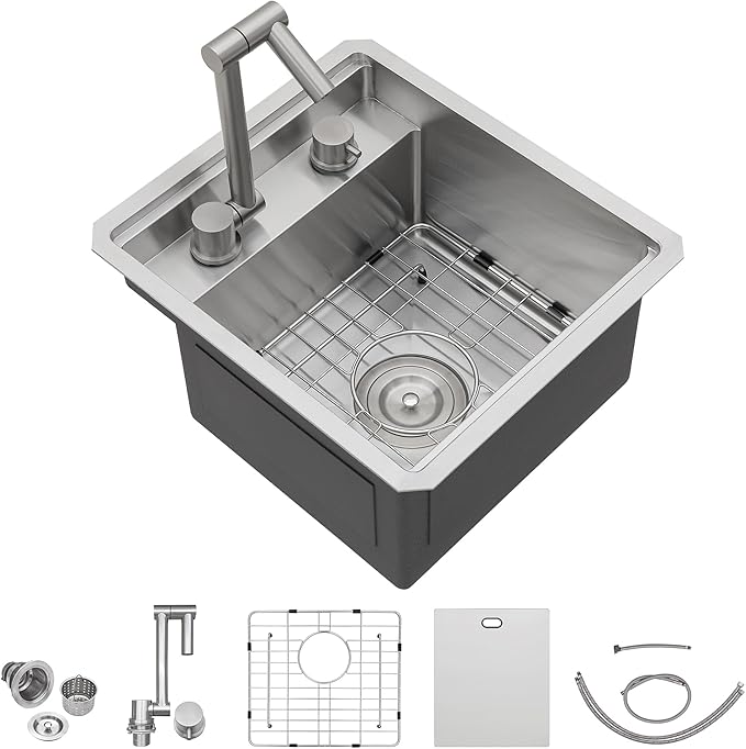 15 Inch Undermount RV Kitchen Sink Workstation - Fulorni 15"x17" Outdoor RV Mobile Camper Wet Bar Prep Sink 16 Gauge 304 Stainless Steel Single Bowl Basin with Foldable Faucet