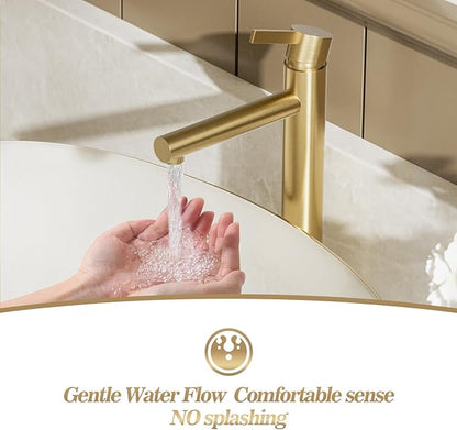 Phiestina Brushed Gold One Hole High Bathroom Vessel Sink Faucet, Single Hole Single Handle Tall Bathroom Faucet, with Pop Up Drain and Water Supply Line,FH01-BG-V