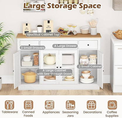 Giantex 55" Sideboard Buffet Cabinet with Storage, Modern Farmhouse Kitchen Storage Cabinet w/3 Drawers, Adjustable Shelves, 2 Barn Doors & 2 Glass Doors, White Sideboard for Living Room, Coffee Bar