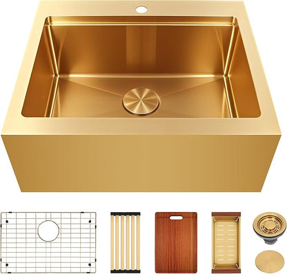 Rhbamoa Gold Farmhouse Sink 26 Inch,16 Gauge T304 Stainless Steel Drop in Kitchen Sinks,Small Single Bowl Apron Front Kitchen Farm Sink,10 Inch Depth Farm Sink with All Accessories