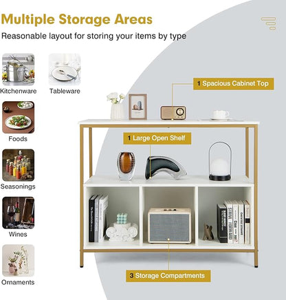 Giantex Buffet Sideboard, Wooden Cupboard, Kitchen Pantry w/Spacious Countertop, Large Open Shelf, 3 Cube Storage Cabinet, Sturdy Rustproof Steel Frame, Modern Stationary Island, White & Golden