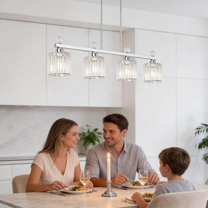 Lxybcce 32" Crystal Island Light for Kitchen Over Table, 4-Light Chrome Linear Pendant Light for Dining Room, Modern Ceiling Hanging Chandelier with Adjustable Height & Clear Crystal Shades, E26 Base