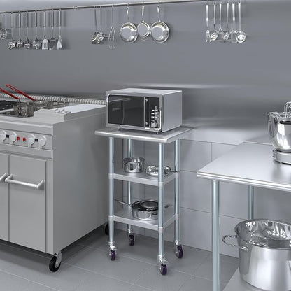 Stainless Steel Work Table with 2 Shelves and Casters | Kitchen Island Food Prep | Laundry Garage Utility Bench | NSF Certified (24" Long x 18" Deep)