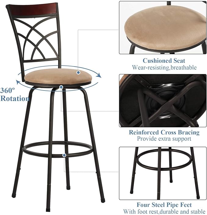 VECELO Bar Stools Set of 2, 24/29" Height Adjustable Barstool,Swivel Counter Stool with Upholstered Seat/Footrest/Back,Steel Bistro Pub Chairs, Island Chairs,Wood Top Backrest