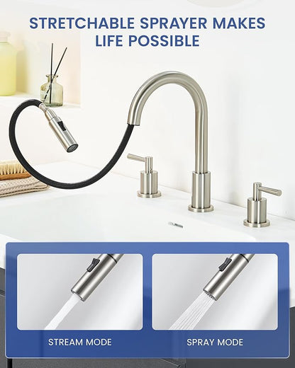 Bathroom Faucet 3 Hole - 8 Inch Widespread Bathroom Faucet with Sprayer, Brushed Nickel Sink Faucet Bathroom 2 Handles - Pull Down Vanity Faucets with Pop Up Drain and Supply Lines