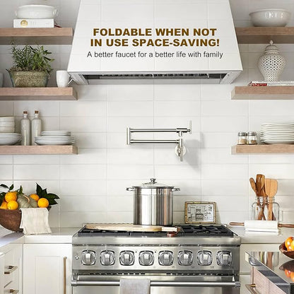 WOWOW Pot Filler Faucet Polished Nickel, Solid Brass Pot Filler Wall Mount Kitchen Stove Faucet with Double Joint Swing Arms