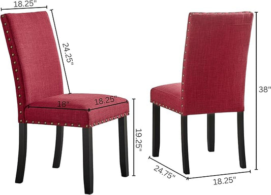 Roundhill Furniture Biony Fabric Dining Chairs with Nailhead Trim, Set of 2, Red