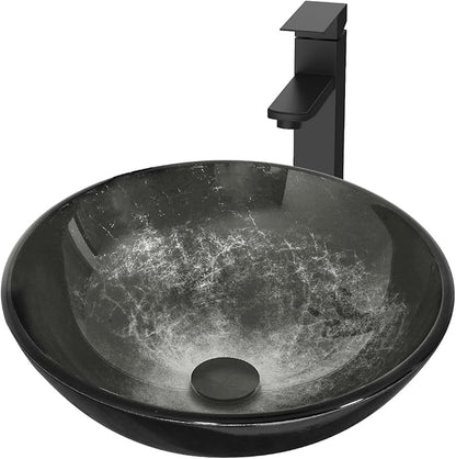 Bathroom Artistic Vessel Sink, Tempered Glass Vanity Round Bowl with Oil Rubber Bronze Faucet and Pop up drain Set, Black