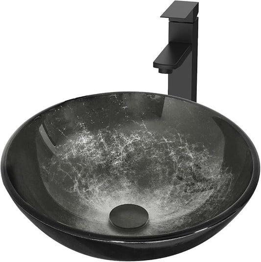 Bathroom Artistic Vessel Sink, Tempered Glass Vanity Round Bowl with Oil Rubber Bronze Faucet and Pop up drain Set, Black
